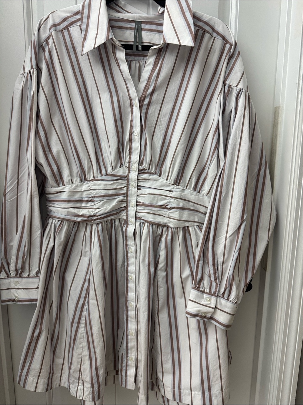 Anthropologie White and Brown Striped Button-Front Waist-Detail Dress Size Large